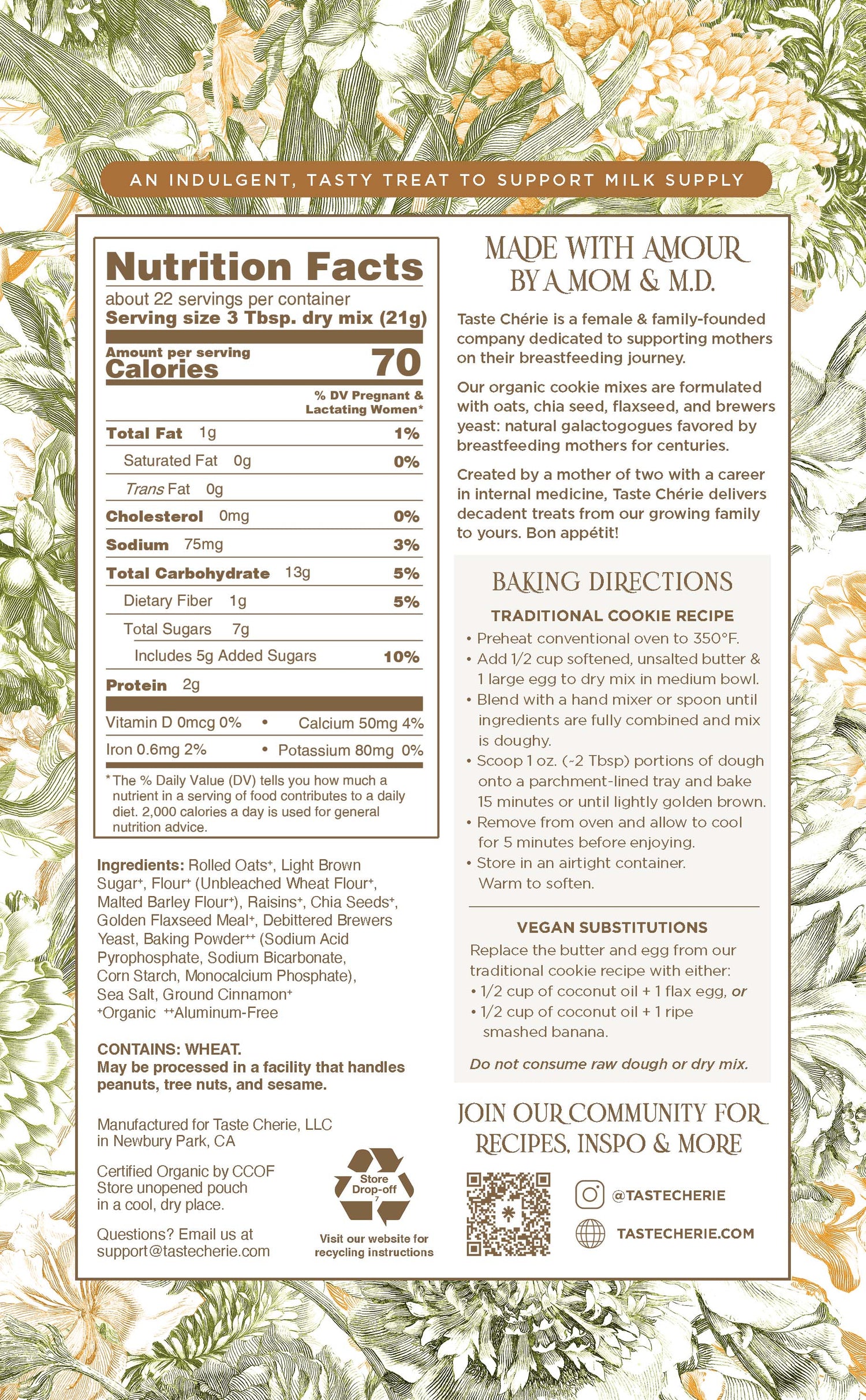 Organic Oatmeal Chia Raisin | Taste Chérie | Lactation Cookie Mix